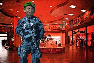 A heavily armed and armored figure with the head of a foolishly grinning 19th century newsie. He stands in the atrium of a pink, vintage mall.