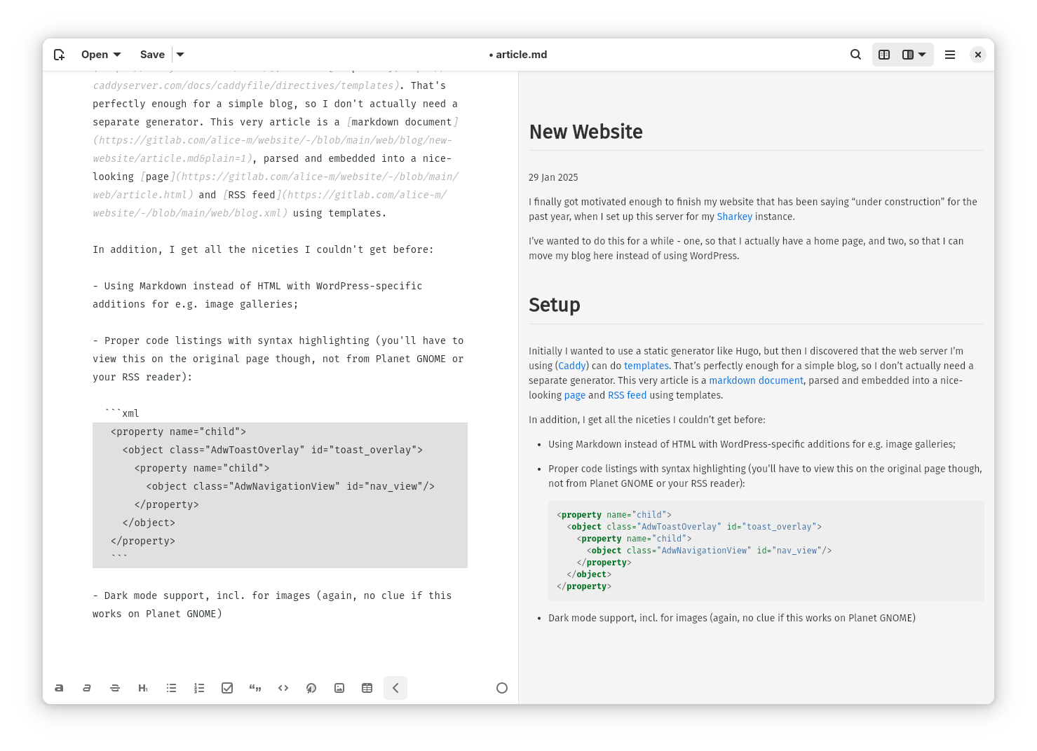 Screenshot of Apostrophe with this text as Markdown on the left and a preview on the right