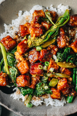 General Tso Tofu over rice close up