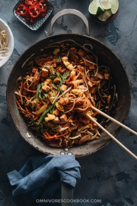 Homemade vegan Pad Thai in a pan