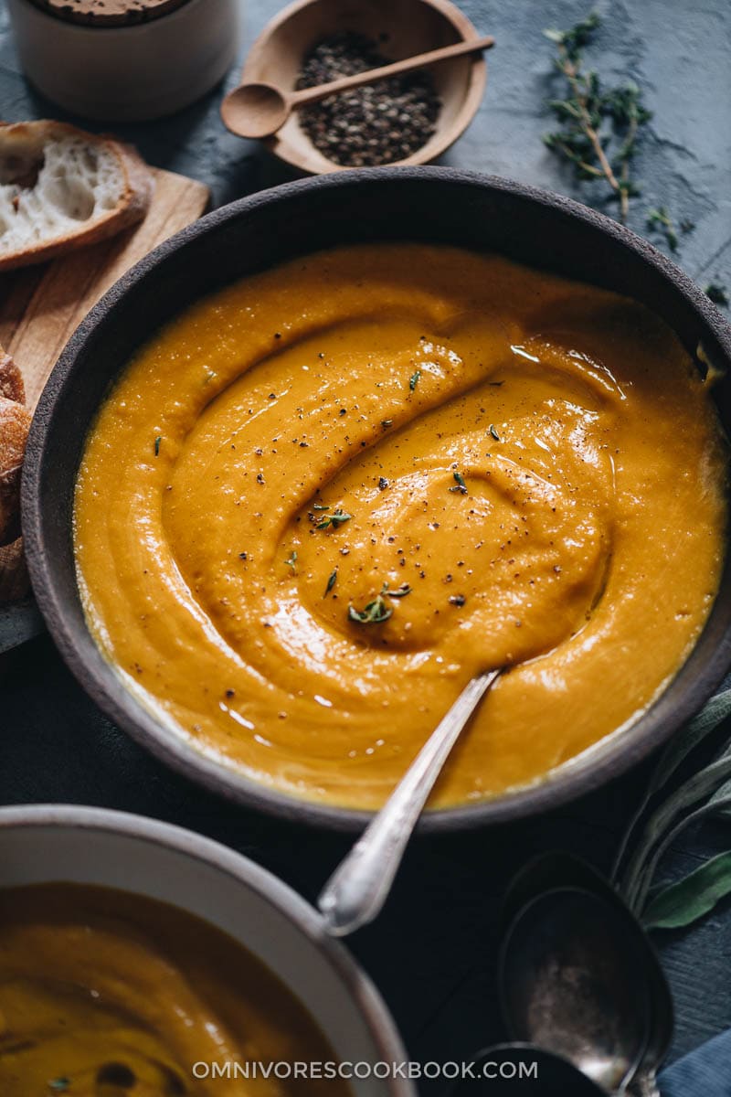 Roasted kabocha squash soup close-up