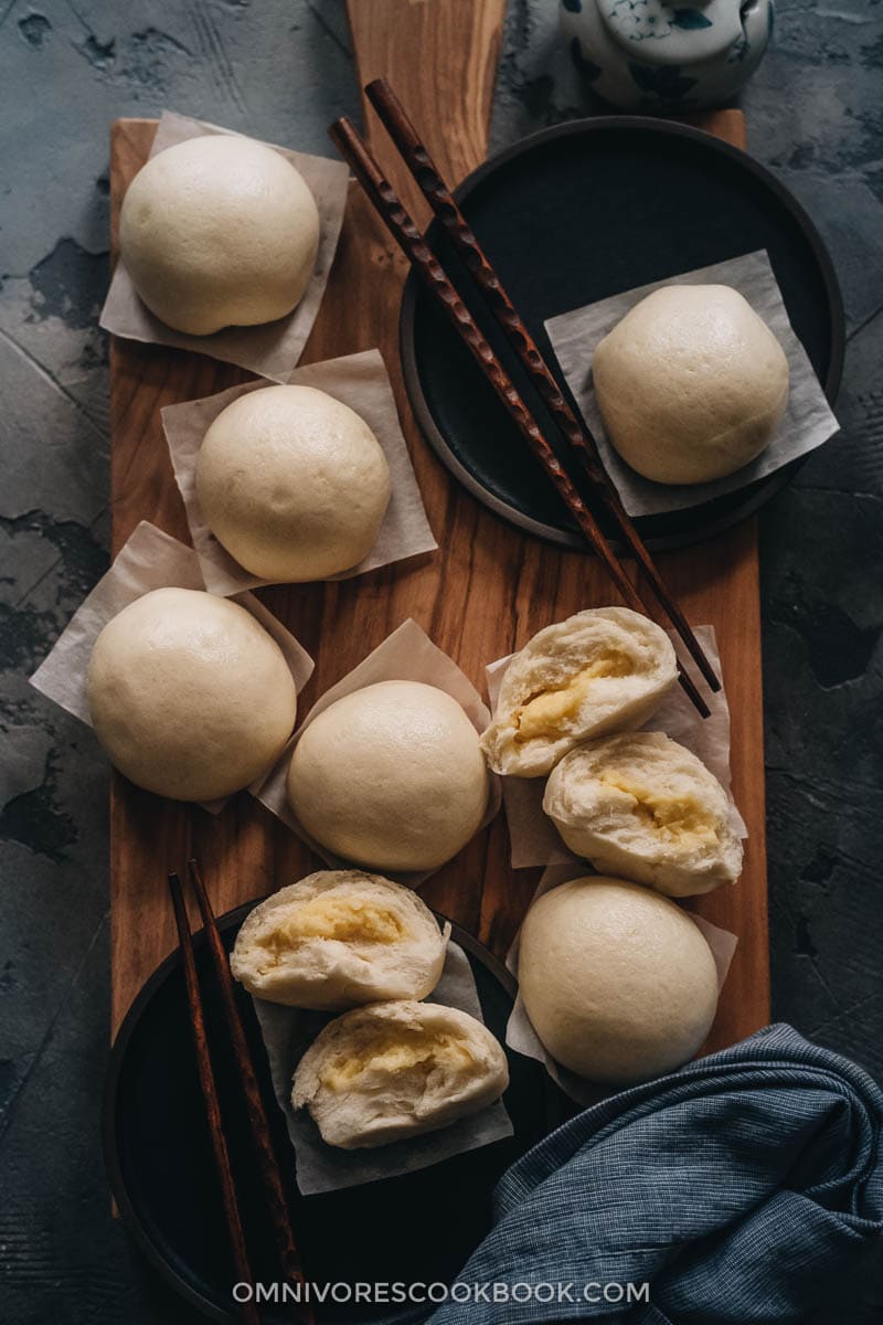 Dim sum custard buns on a cutting board