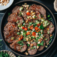 A super easy Chinese beef salad you can put together in 10 minutes with no cooking required! Serve it as an appetizer for a multi-course meal, top it on steamed rice for a one-bowl lunch, or make a sandwich with it using pita bread. {Gluten-Free adaptable}