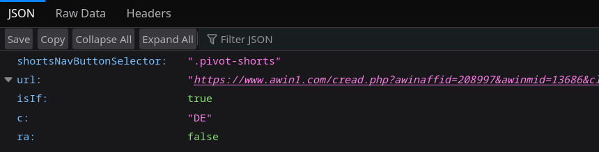 Screenshot of JSON data displayed in the browser. There are keys shortsNavButtonSelector, url and others. The url key contains a lengthy URL from awin1.com domain.