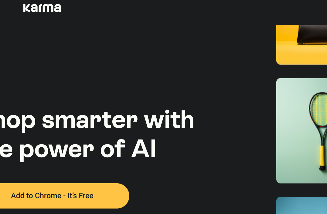 Screenshot of the karmanow.com website, with the Karma logo visible and a yellow button “Add to Chrome - It’s Free”