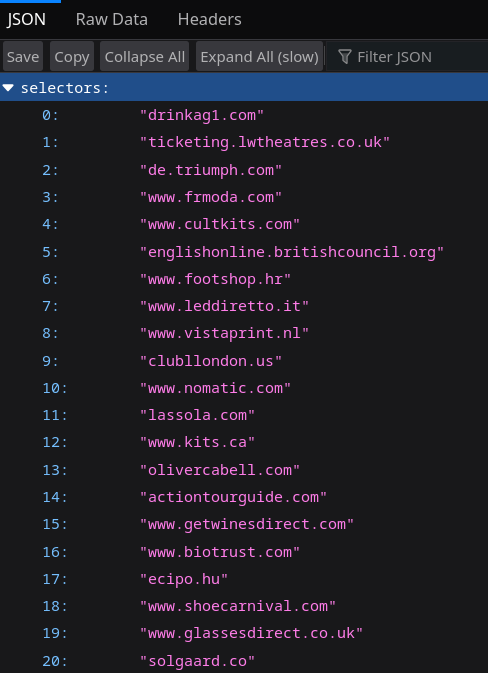 Screenshot of JSON data displayed in the browser. The selectors key is expanded, twenty domain names like drinkag1.com are visible in the list.