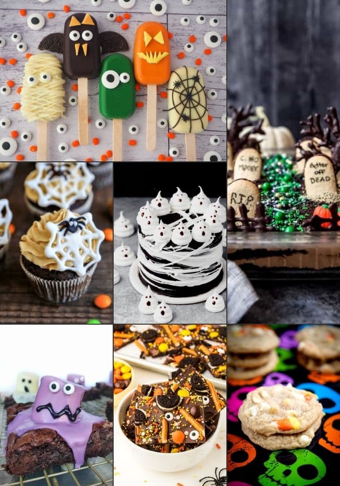 A collage of Halloween food ideas including Halloween cake pops, cupcakes, coo,ies, brownies and Halloween bark recipe. All the Halloween food is in bright cheerful colours like white, purple, yellow, orange and purple.