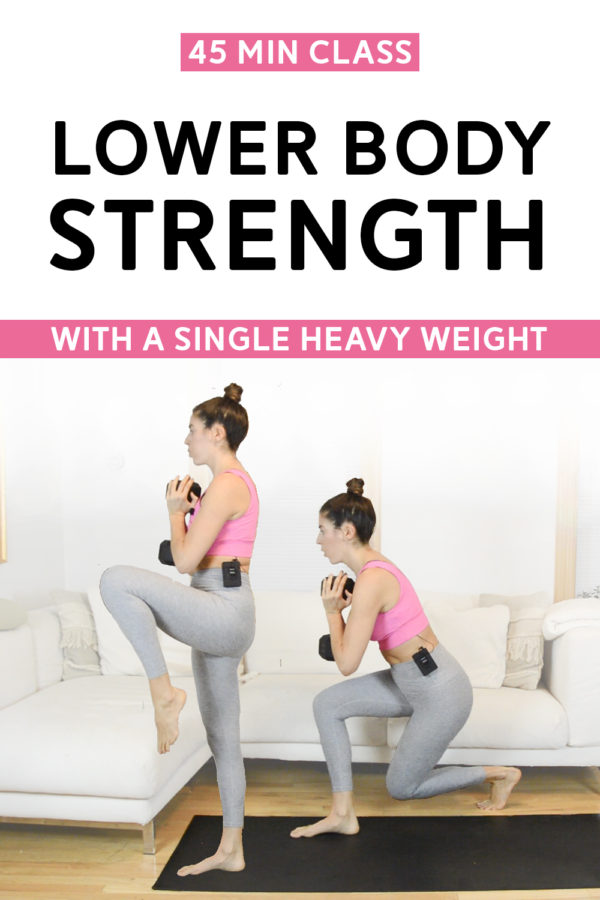 Lower Body Strength Circuits Workout Class - You'll need a single heavy weight and an optional resistance band for this 45-minute lower body strength circuits class. Full video up for free! #lowerbodyworkout #legdayworkout #strengthtraining