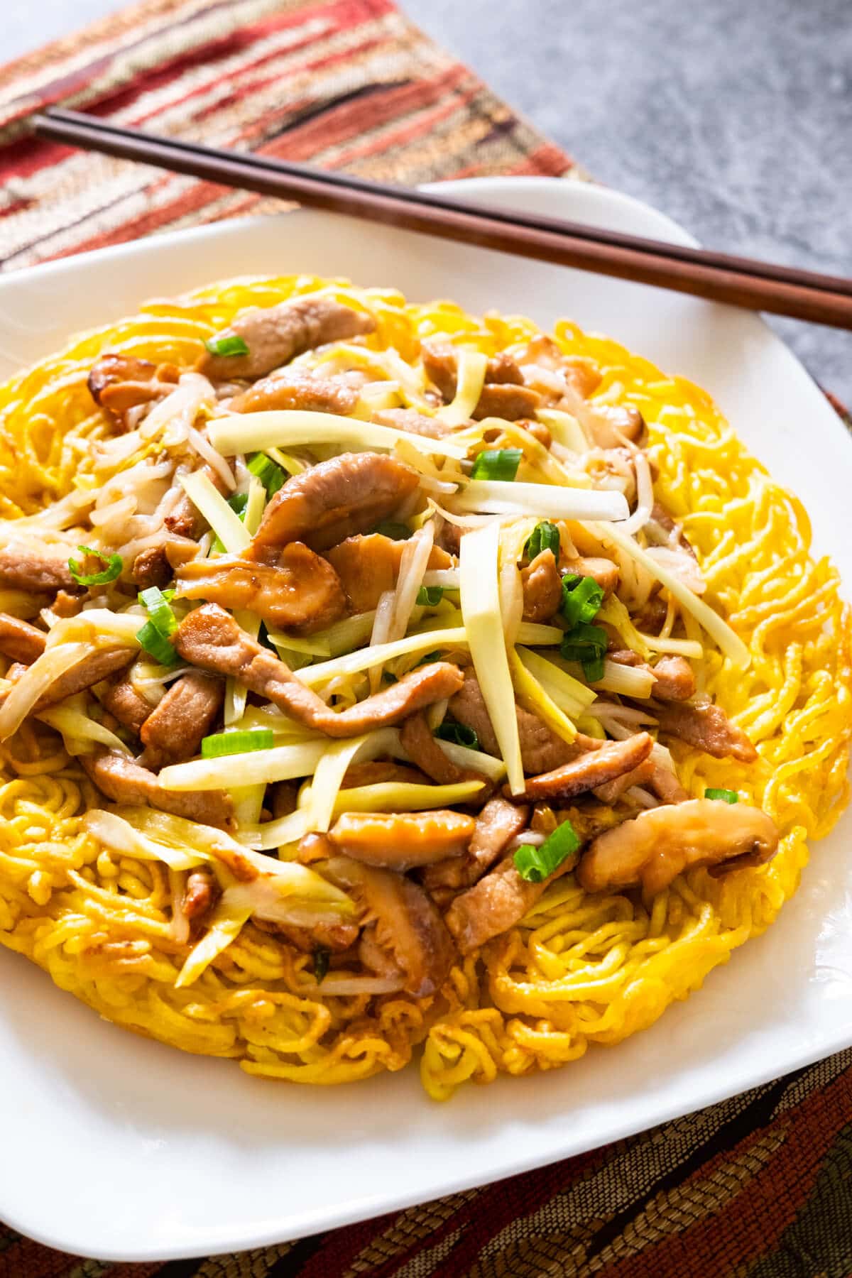 Pork chow mein recipe with bean sprouts served on a plate.