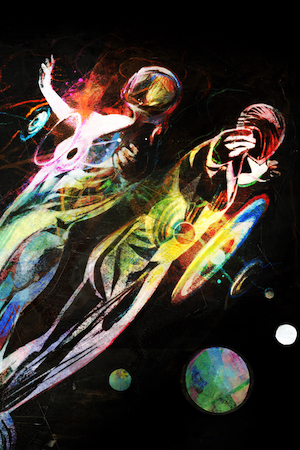 An abstract illustration of two figures floating in space.