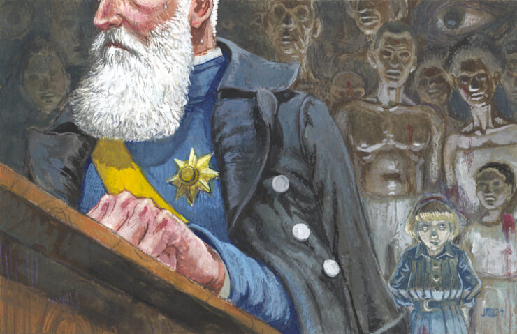 An illustration of Leopold II of Belgium at a podium while ghostly figures stand behind him.