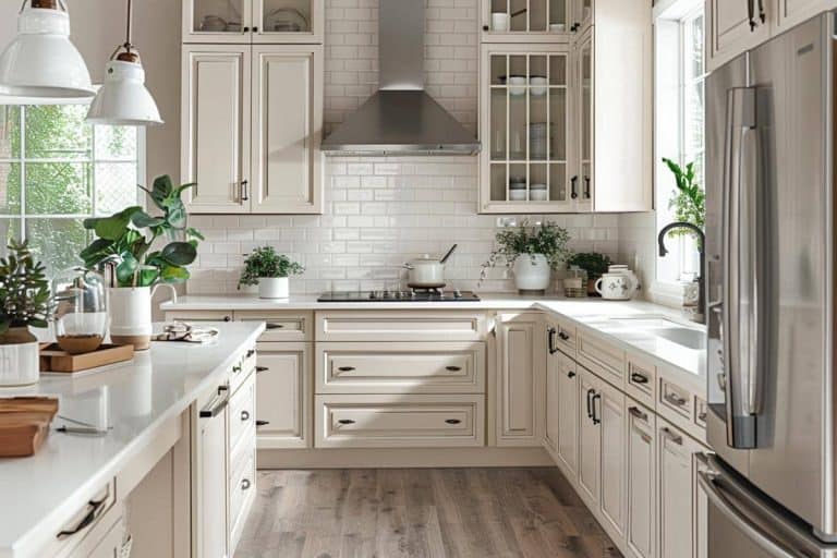 Bright kitchen interior with beige shaker cabinets, subway tile backsplash, and stainless steel appliances, complemented by potted green plants and white pendant lighting.