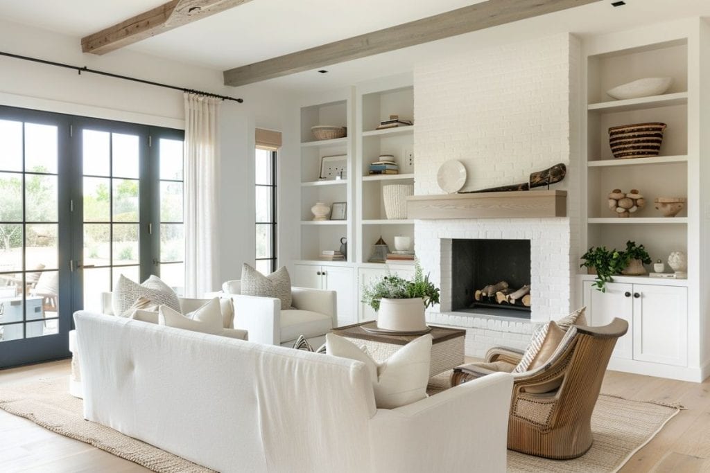 A bright, airy living room with a white brick fireplace and built-in shelves holding baskets, books, and decor items. The room features white sofas and a natural wood coffee table, with large windows letting in ample light.