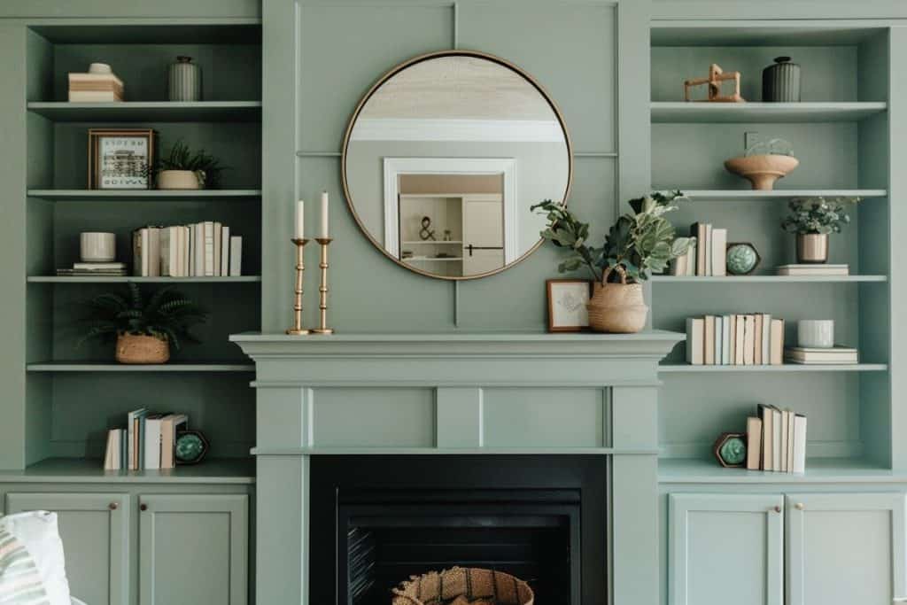 A traditional living room with a green-paneled fireplace and matching built-in shelves filled with books and decorative objects. A round mirror hangs above the mantel, which is decorated with candles and plants.