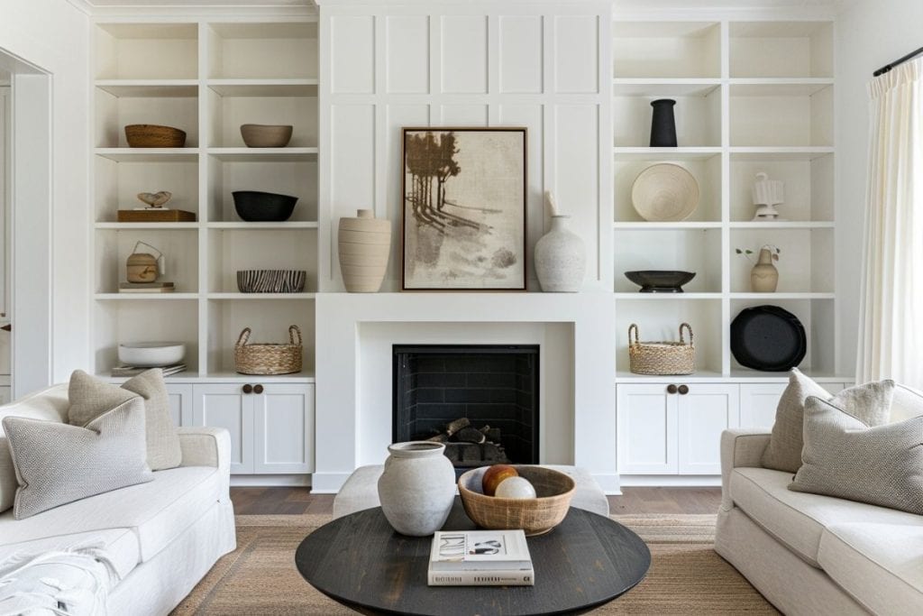 A stylish living room with a white fireplace and built-in shelves displaying pottery and decor items in neutral tones. The space includes a beige sofa and a round black coffee table.