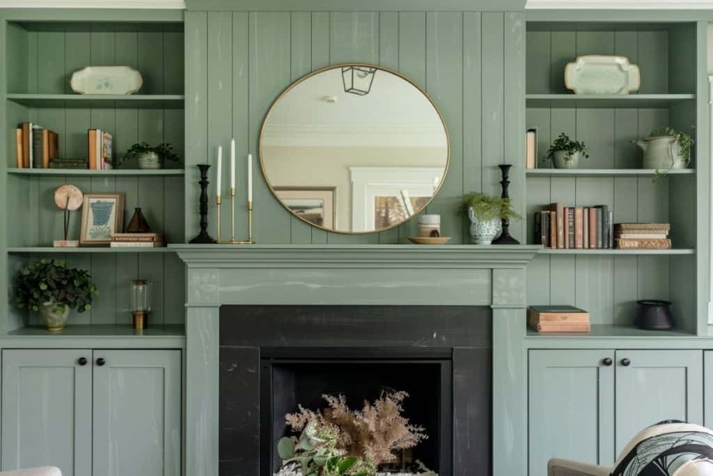 A classic living room with a green-paneled fireplace and built-in shelves filled with books and decor. A round mirror hangs above the mantel, which features black candlesticks and greenery.