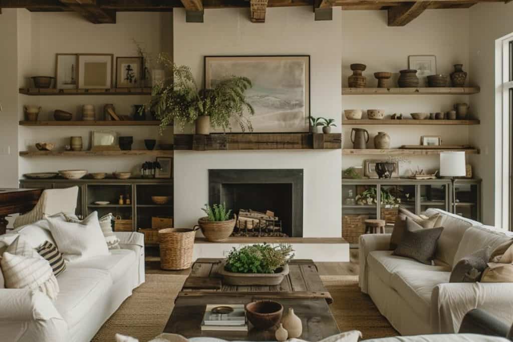 A rustic living room with a white fireplace surrounded by wood shelving filled with earthenware and decor. Greenery on the mantel and a large painting above add to the cozy, earthy atmosphere.