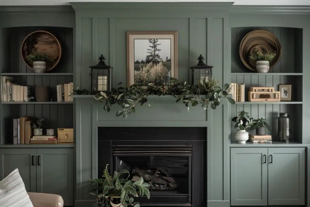 A green-paneled living room with built-in bookshelves, a black fireplace, and a mantel decorated with lanterns and foliage. The shelves are adorned with books and various decor items, creating a classic, warm ambiance.