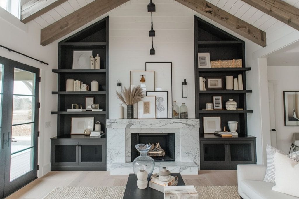 A modern farmhouse living room with a marble fireplace and black built-in shelves displaying framed art, vases, and decor. A black door to the left complements the sophisticated yet cozy design.