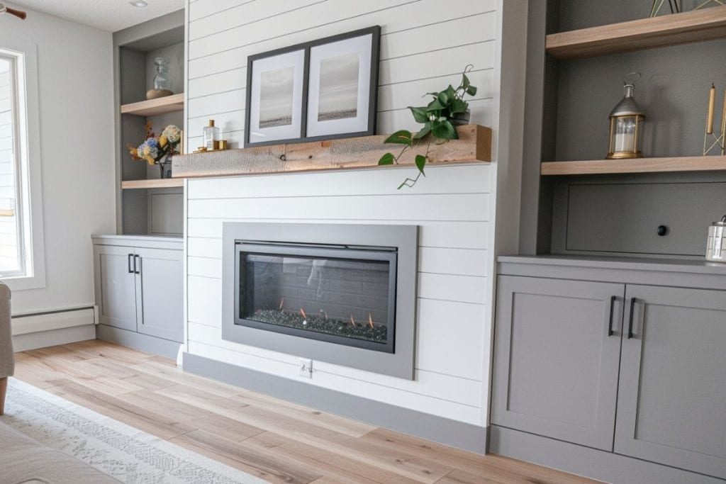 A simple living room with a gray shiplap fireplace and built-in cabinets on either side. The wooden mantel holds framed pictures and a small plant.