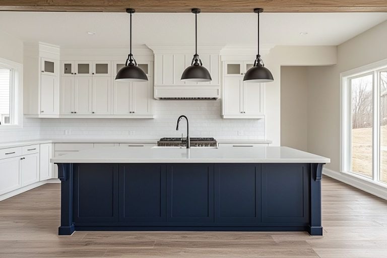 A minimalist kitchen with a navy blue island, white marble countertop, and black pendant lights. The island contrasts with the white cabinetry in the background, creating a clean, modern look.