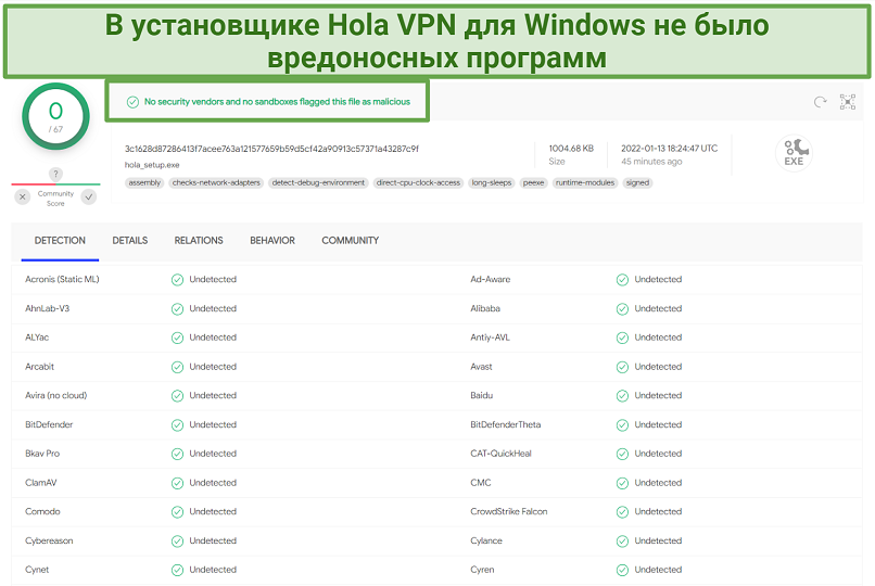 A screenshot of a VirusTotal test showing that Hola VPN's Windows installer doesn't contain malware