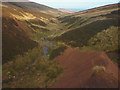 NT9119 : Eroded ridge of soft, red rock by Harthope Burn by Karl and Ali