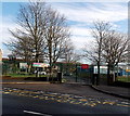 ST2788 : Tree-lined school entrance gates, Rogerstone, Newport by Jaggery