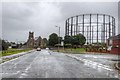 SJ4084 : Gasometer and Church, Garston by David Dixon