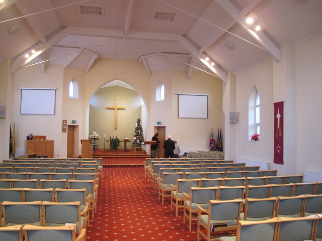 Formby Methodist Church interior with digital hymn text