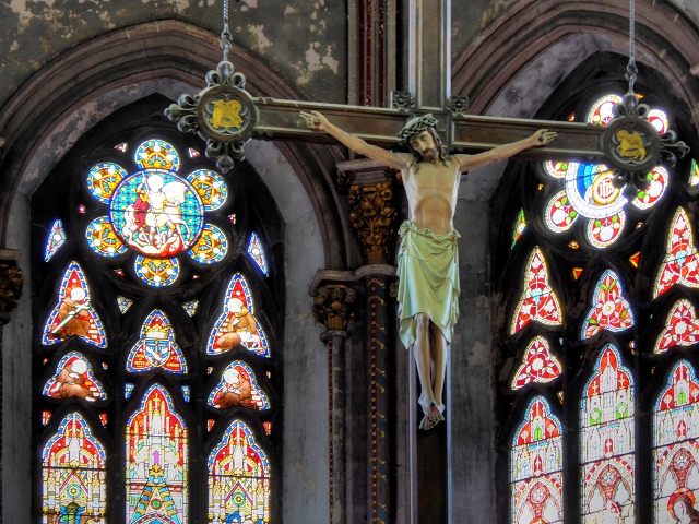 Hanging Crucifix and Stained Glass Window, Gorton Monastery