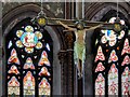 SJ8796 : Hanging Crucifix and Stained Glass Window, Gorton Monastery by David Dixon