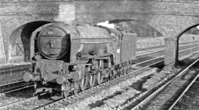 Peppercorn Pacific running down ECML at Wymondley near Hitchin, 1951