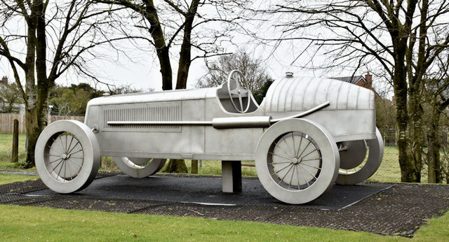 Racing car sculpture, Ballyrobert, Ballyclare (April 2016)