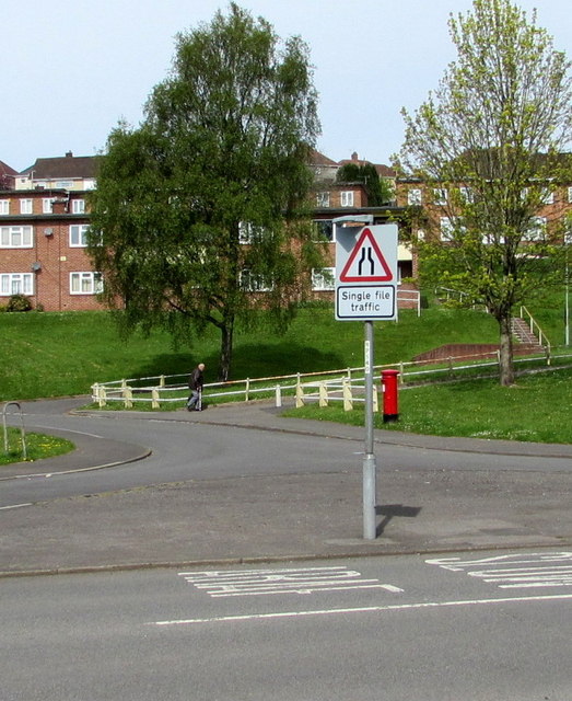 Warning sign - single file traffic, Gaer Road, Newport