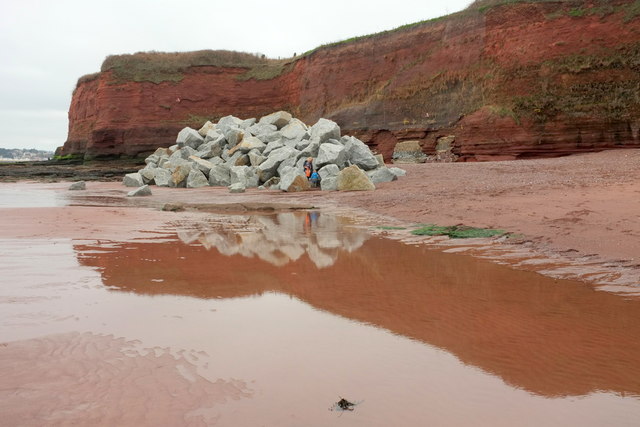 Rock armour awaiting disposition, Hollicombe Beach