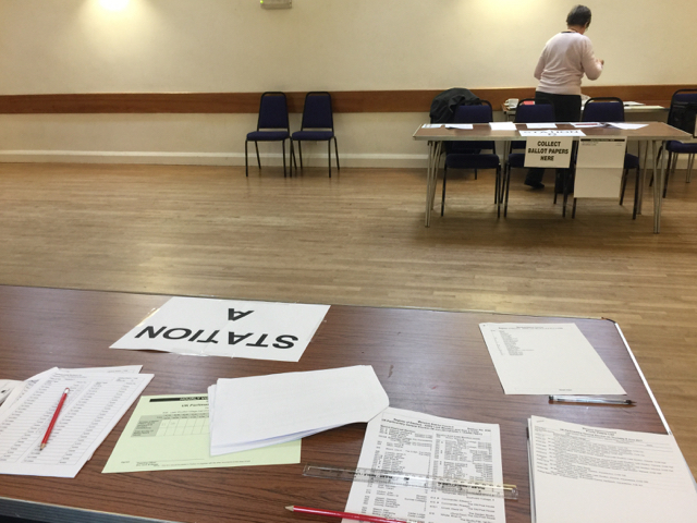 Leek Wootton village hall arranged as a double polling station