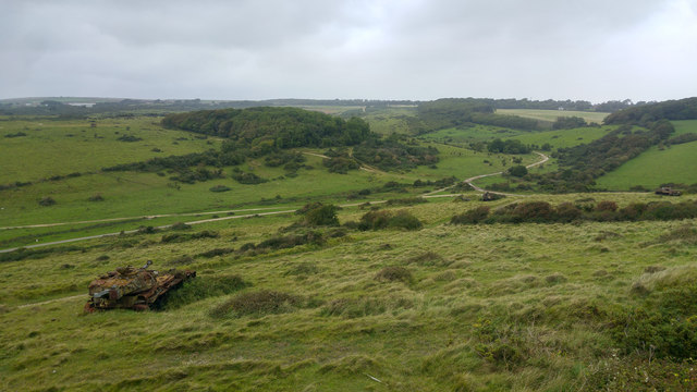 View across Lulworth Ranges from the coast path east of Arish Mell