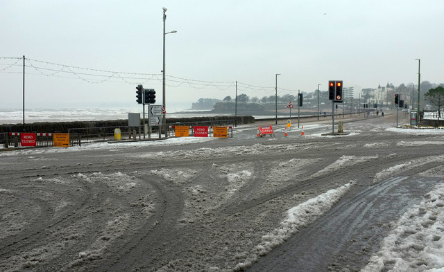 Junction on Torquay seafront in snow