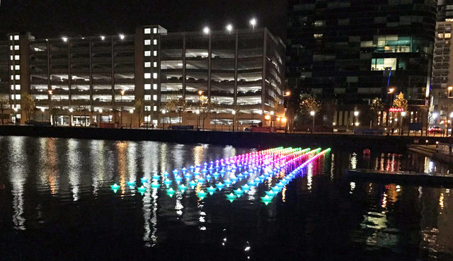 View of Aether & Hemera's "Voyage" - flotilla installation in Salford Quays