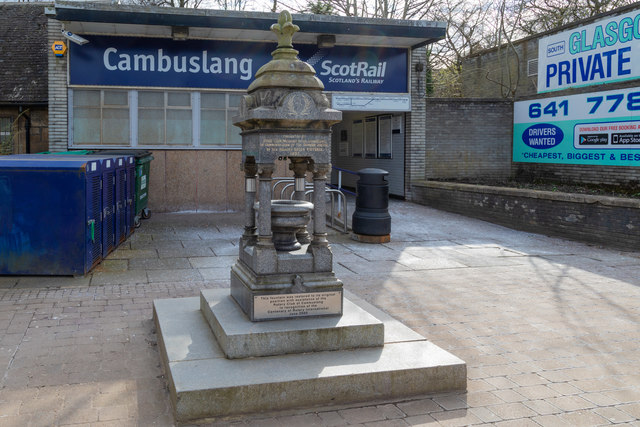 A small fountain outside Cambuslang train station in Glasgow