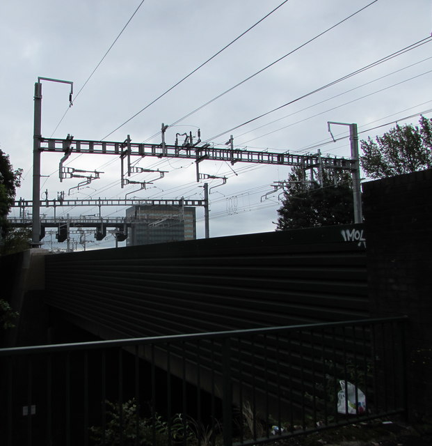 Overhead power lines on Malpas Road bridge, Newport 