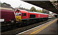 ST1586 : Westbound diesel locomotive passing through Caerphilly station by Jaggery