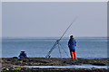 NT7574 : A sea angler at Thorntonloch by Walter Baxter