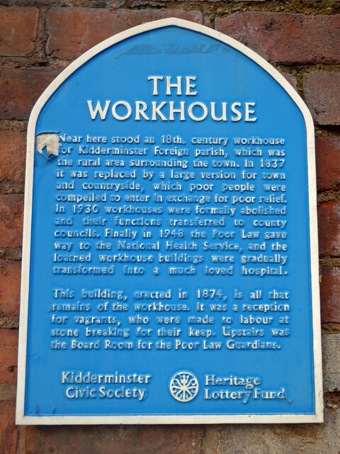 Blue plaque on a former workhouse, Kidderminster