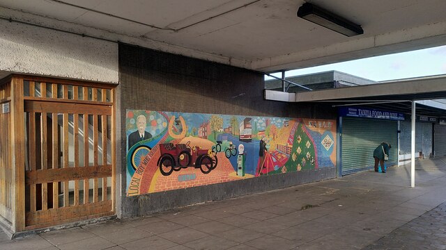 Riley Motors & Riley Square mural in its underpass setting, Joseph Latham House