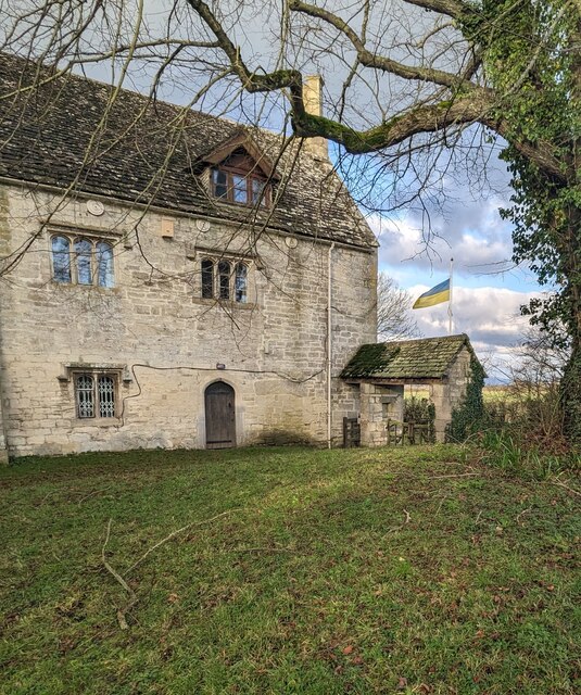 Village hall, lychgate and flag, Standish, Gloucestershire