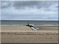 SH8579 : Groyne marker and distant wind farm by Jonathan Hutchins