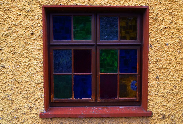 Former bar - multicoloured window (3), Drumone, Co. Meath