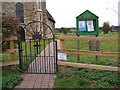 TM3653 : Gate & Notice Board of John the Baptist Church, Wantisden by Geographer